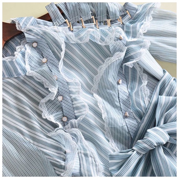 Final SALE ❤️🔥🪽Runway Blue Stripe Asymmetrical Dress large - Picture 5 of 6